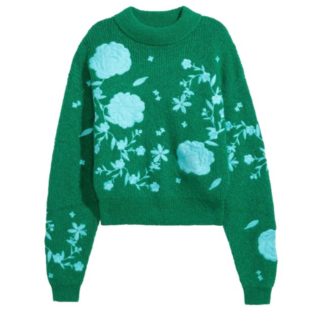 Green mohair + wool sweater with blue embroidered flowers / Mohair-blend Sweater